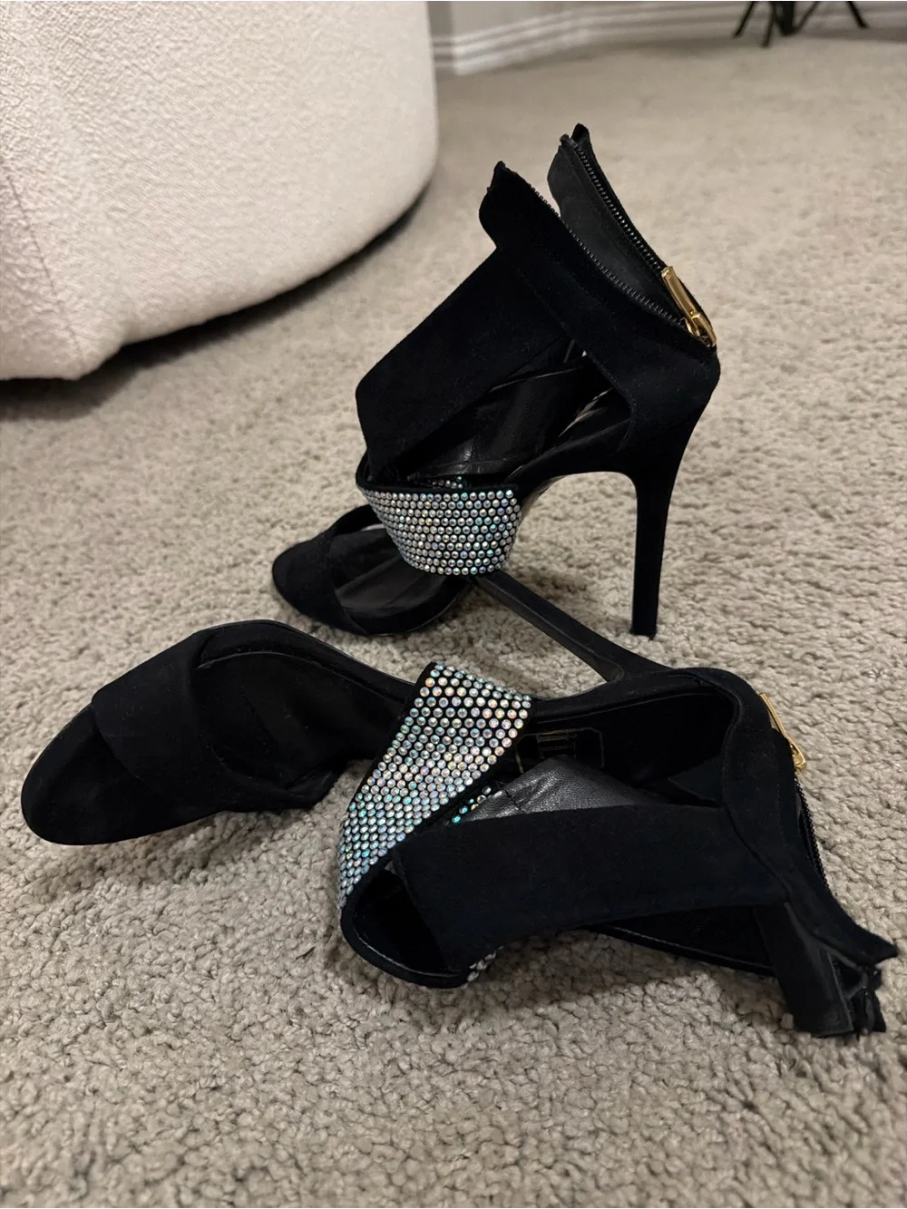 Black Rhinestone Accent Heeled Sandals - Women